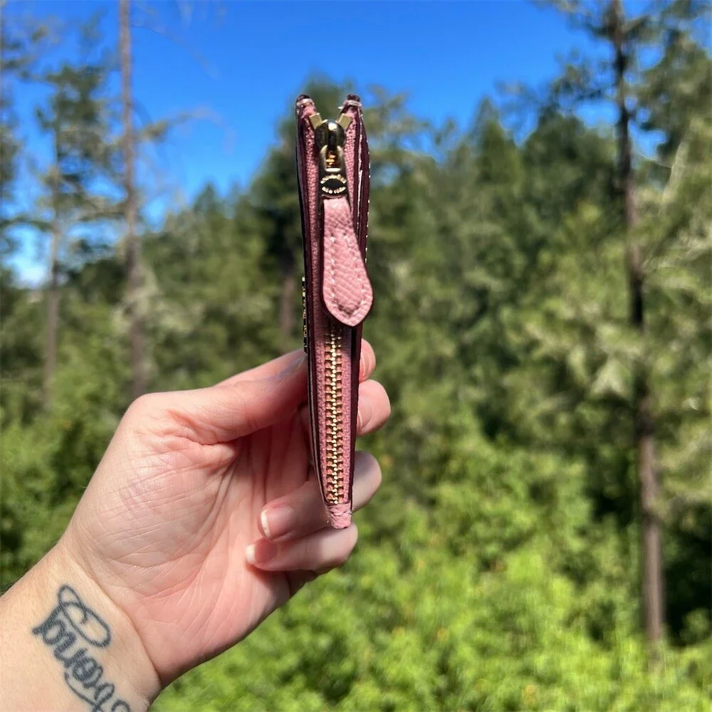 COACH Mini Skinny ID Case Cardholder Keychain Wallet Powder Pink Gold Hardware
